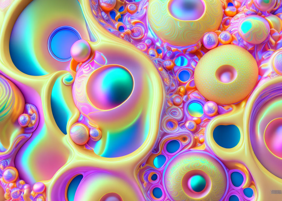 Colorful Abstract Image with Swirling Patterns and Iridescent Bubbles