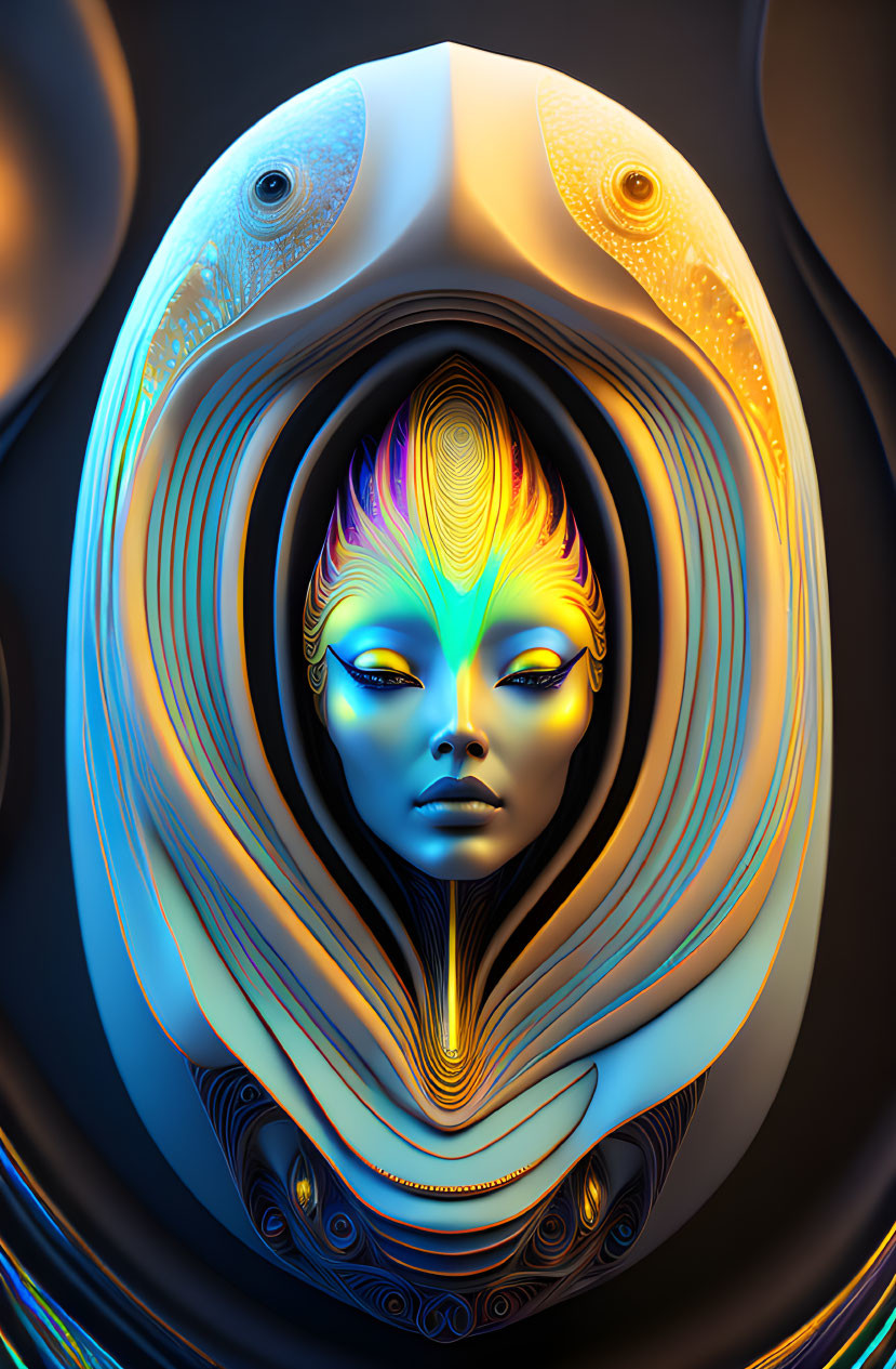 Colorful abstract digital artwork of humanoid face with wavering lines on dark background