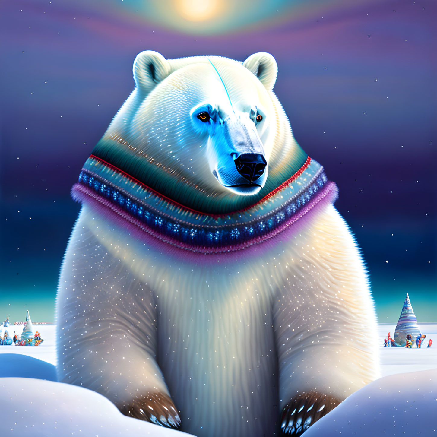 Colorful striped scarf on illustrated polar bear with village & northern lights