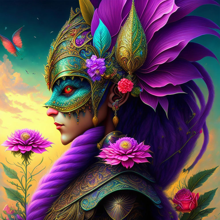 Colorful digital artwork of woman with mask and feathers in floral setting