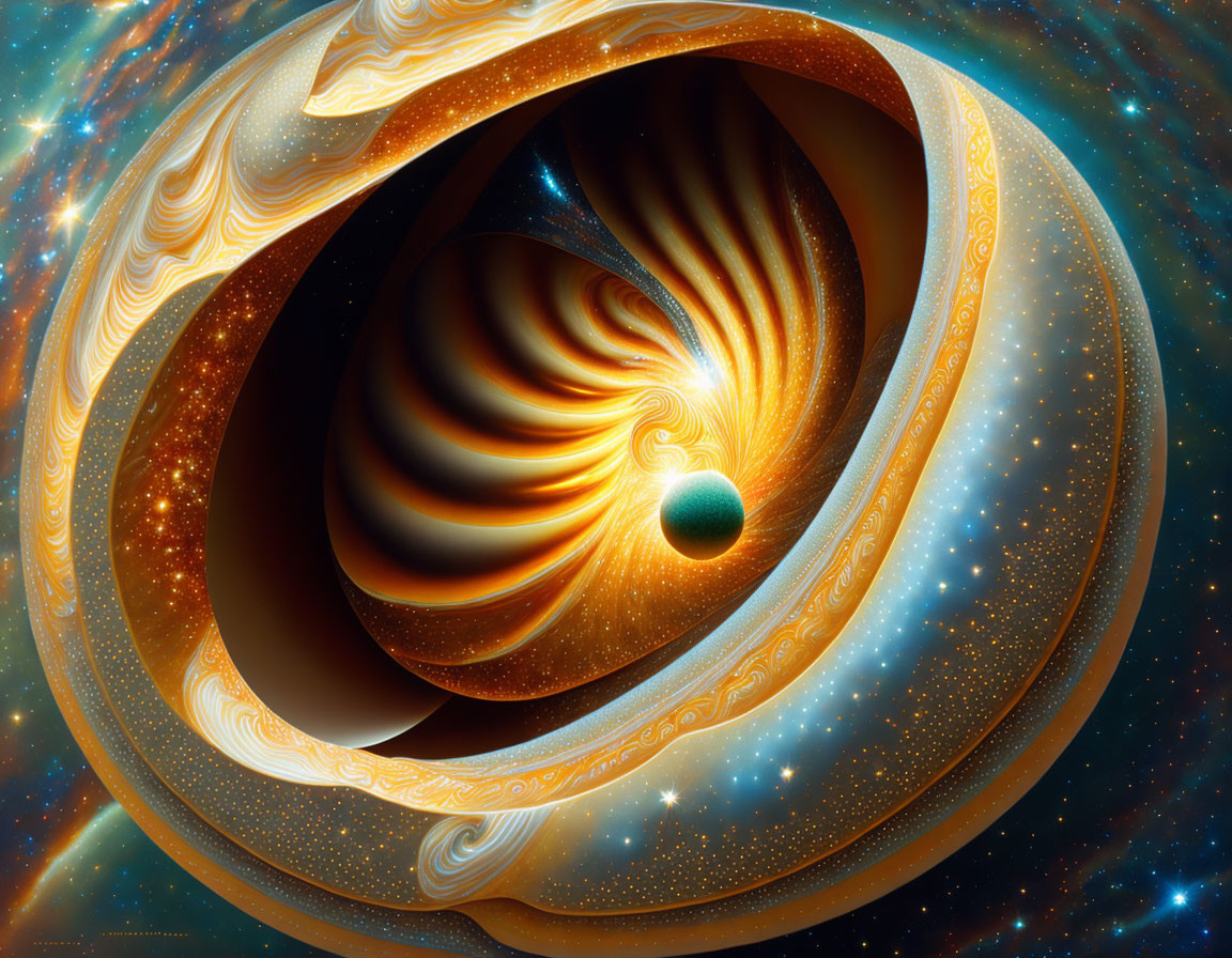 Surreal spiral galaxy digital art with glowing warm hues