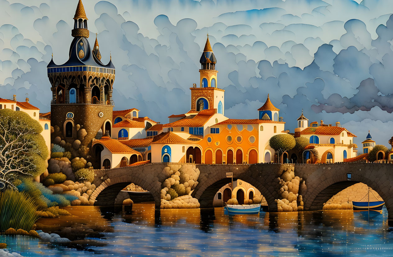 Tranquil Mediterranean village painting with terracotta roofs and stone bridge