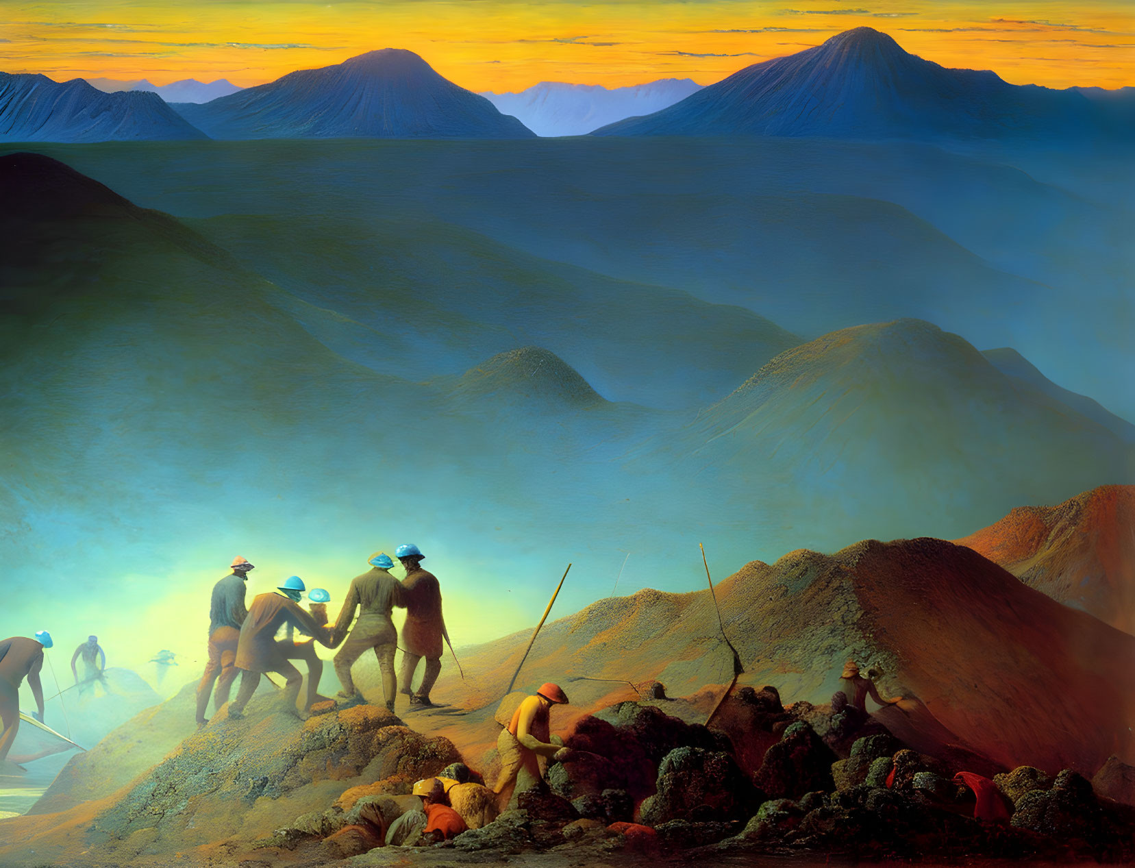 Group of People with Helmets in Rolling Hills at Dawn or Dusk