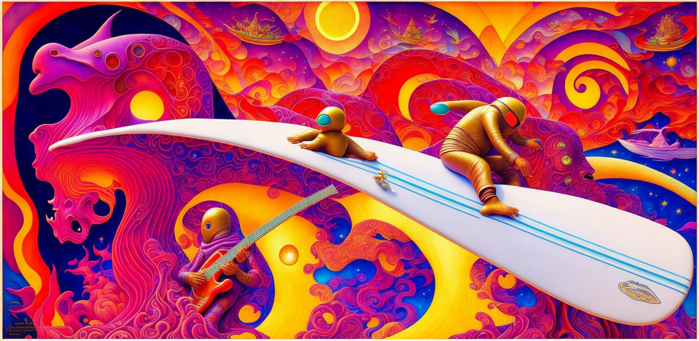 Colorful psychedelic artwork: Two figures surfing on whiteboard