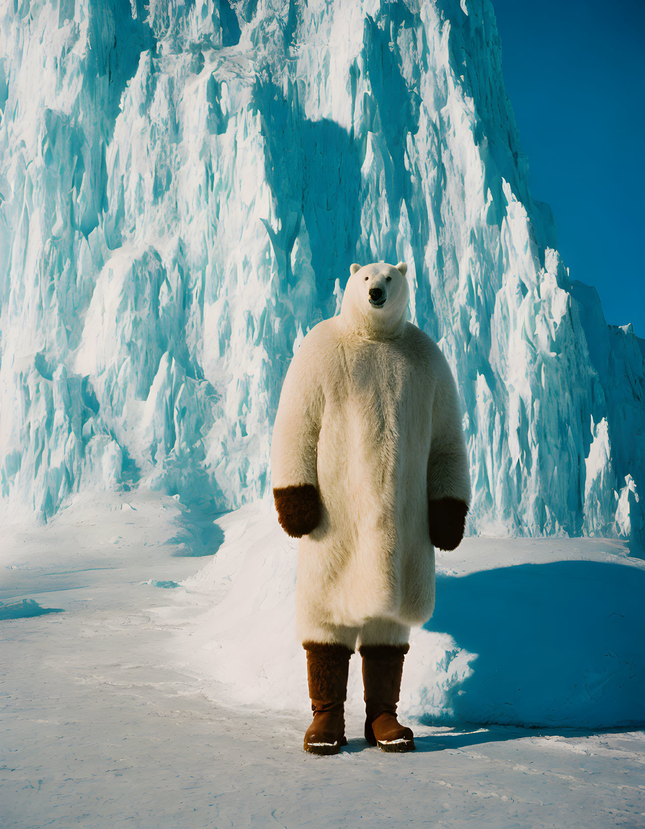 Person in Polar Bear Costume Standing in Front of Blue Glacier