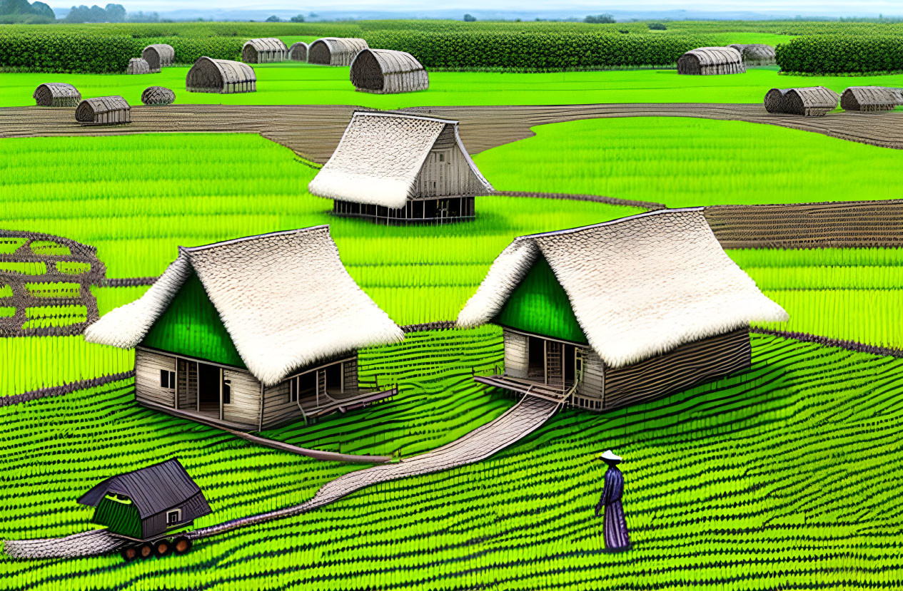 Traditional thatched-roof houses in green terraced fields with person and straw bales.