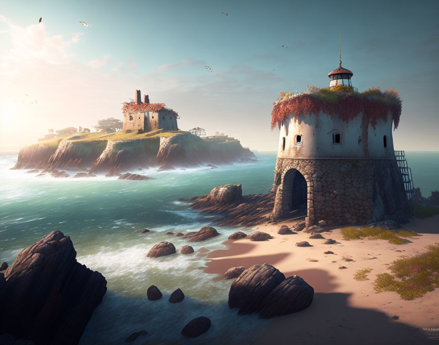 Weathered lighthouse on cliff overlooking tranquil sea and hazy sky