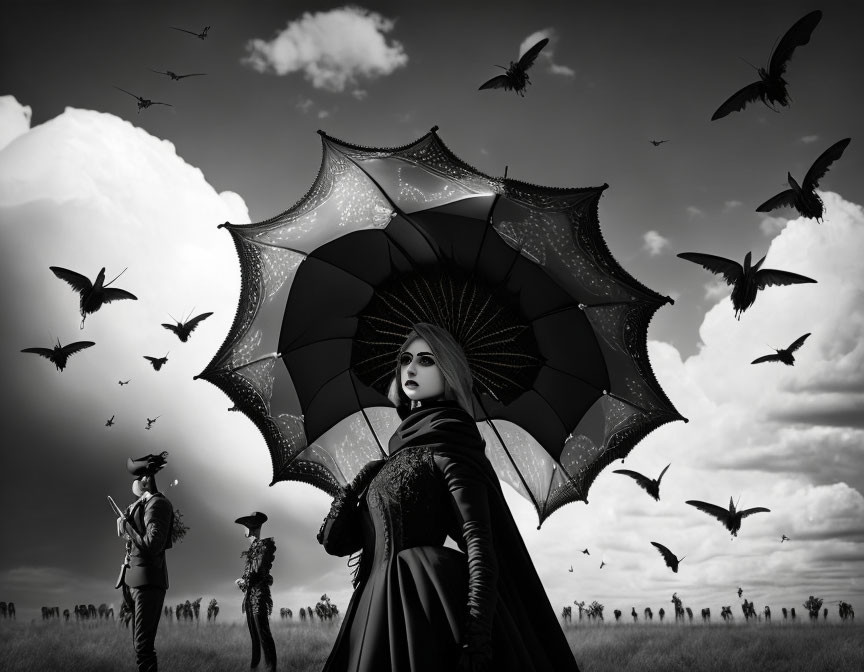 Monochrome image of a styled woman with large ornate umbrella and flying birds.