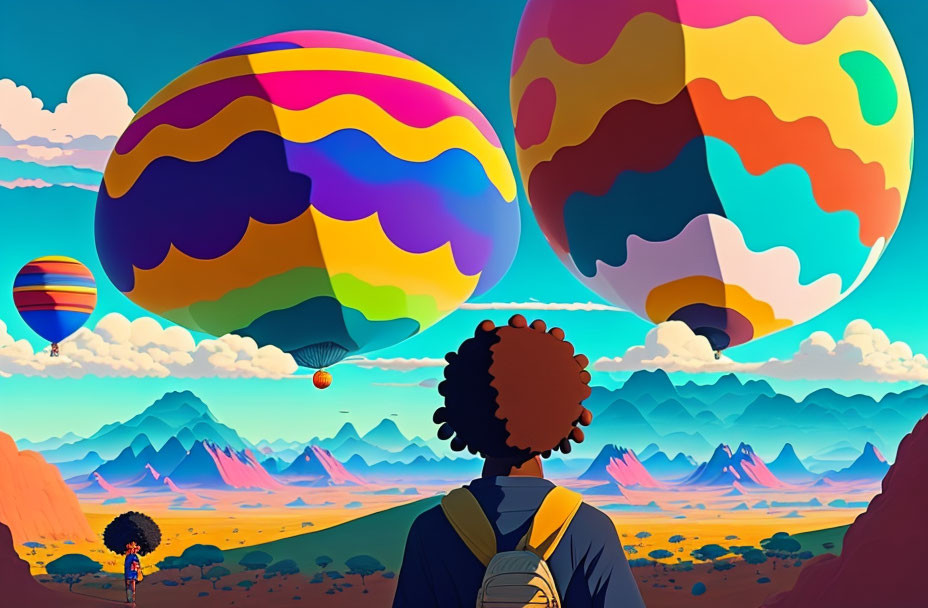 Backpacker views hot air balloons over surreal landscape