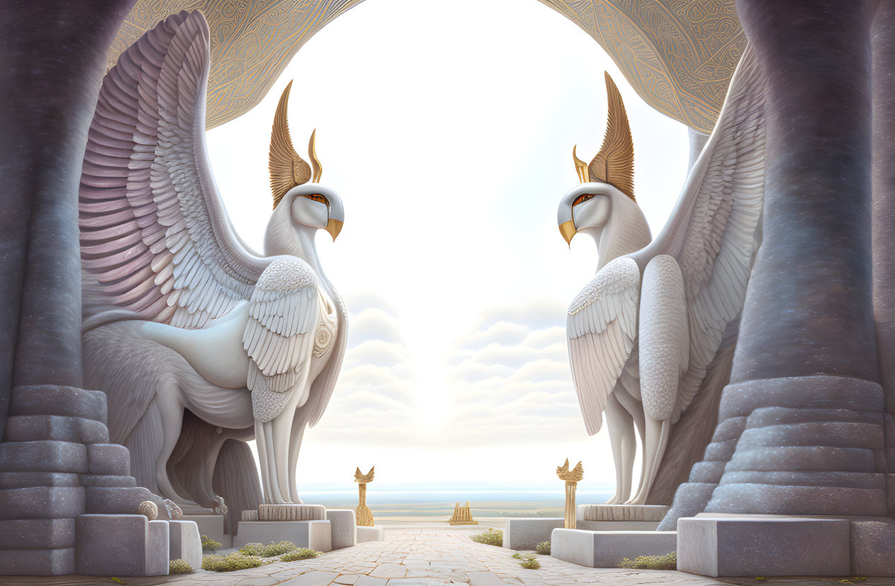 Majestic bird-like statues by arched gateway with oceanic views