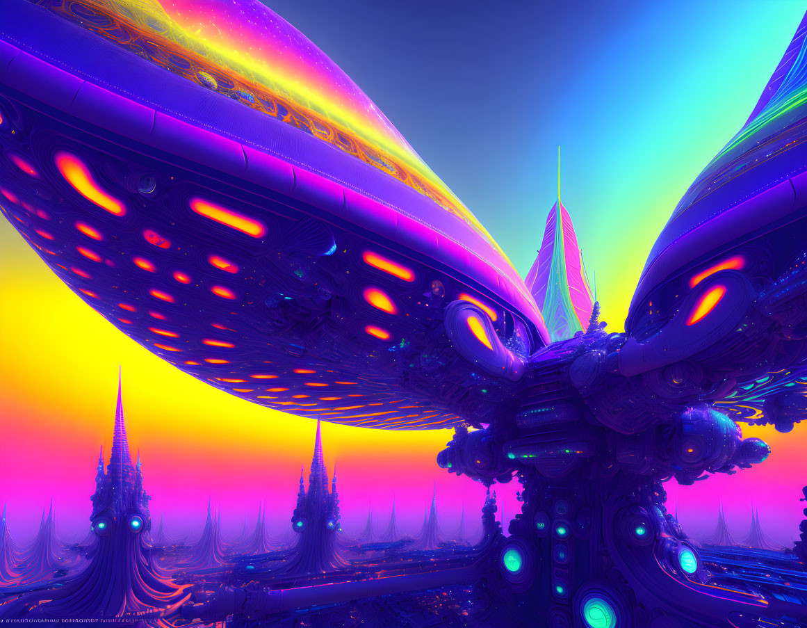 Futuristic neon-lit alien landscape with surreal, colorful sky