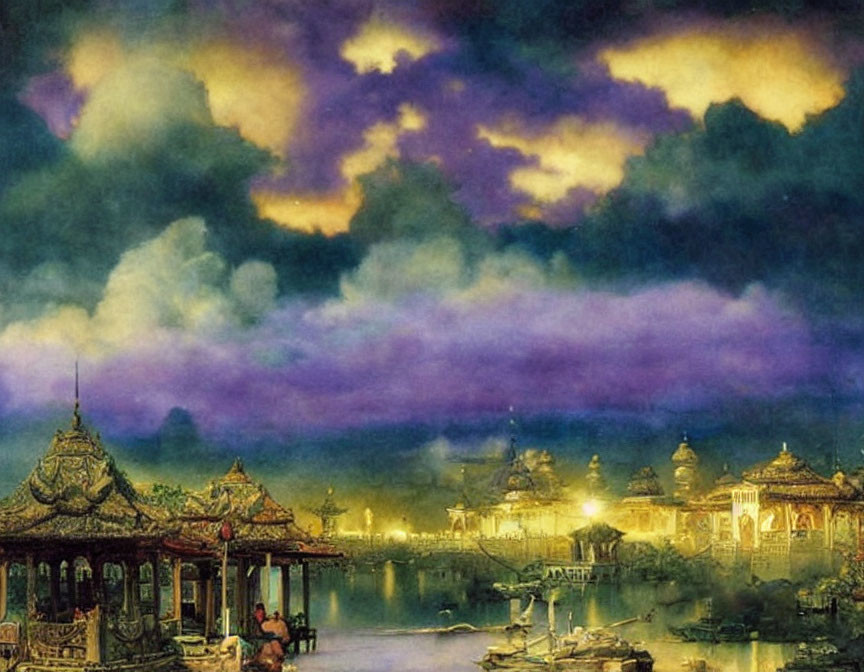 Ancient waterfront city painting with traditional architecture and boats at dusk