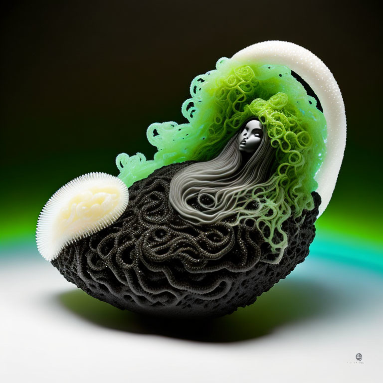 Monochrome woman's face sculpture with intricate patterns and vivid green elements