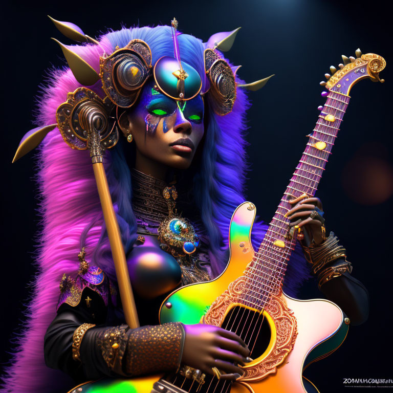 Vibrant blue-skinned woman in golden armor with guitar