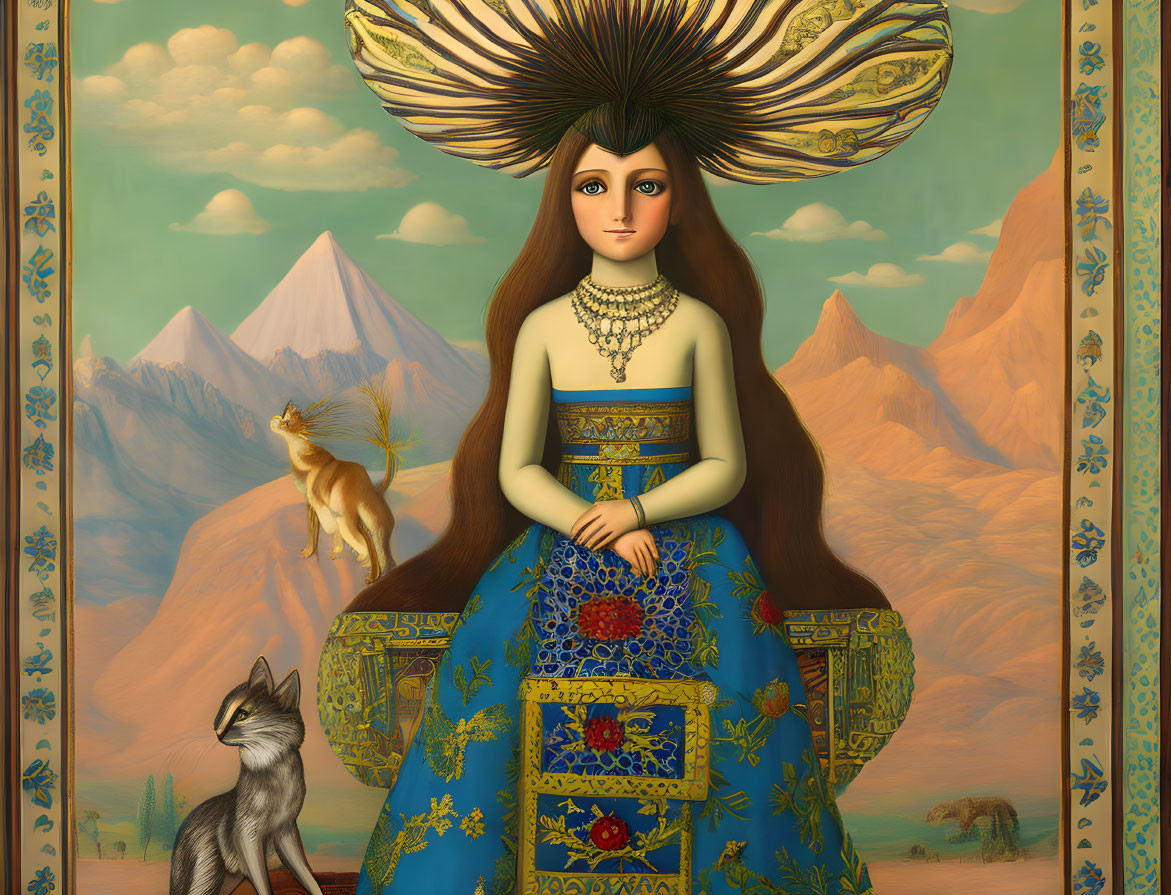 Surreal portrait of woman in peacock hat with dog and fox in mountain landscape