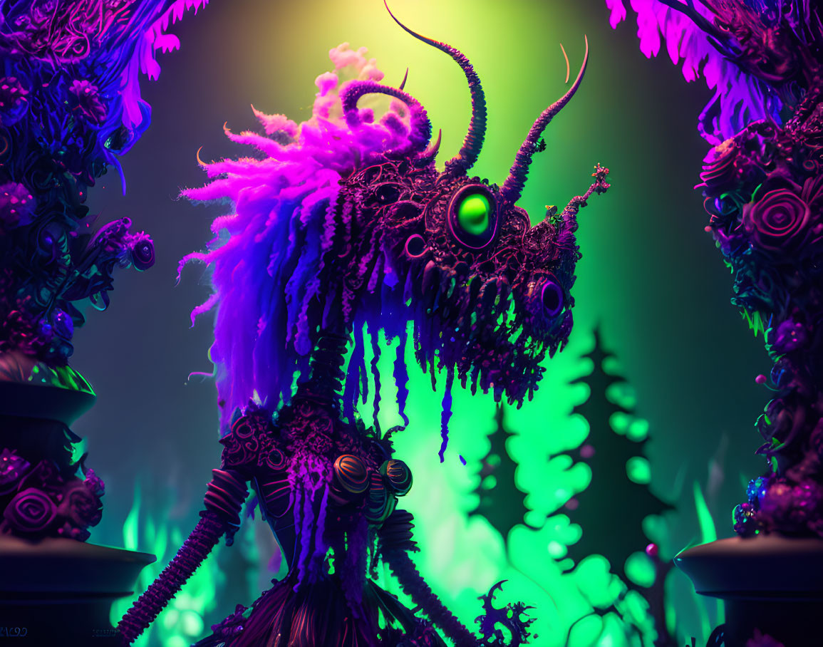 Colorful surreal creature with tentacles, green eyes, and purple fur in neon-lit setting