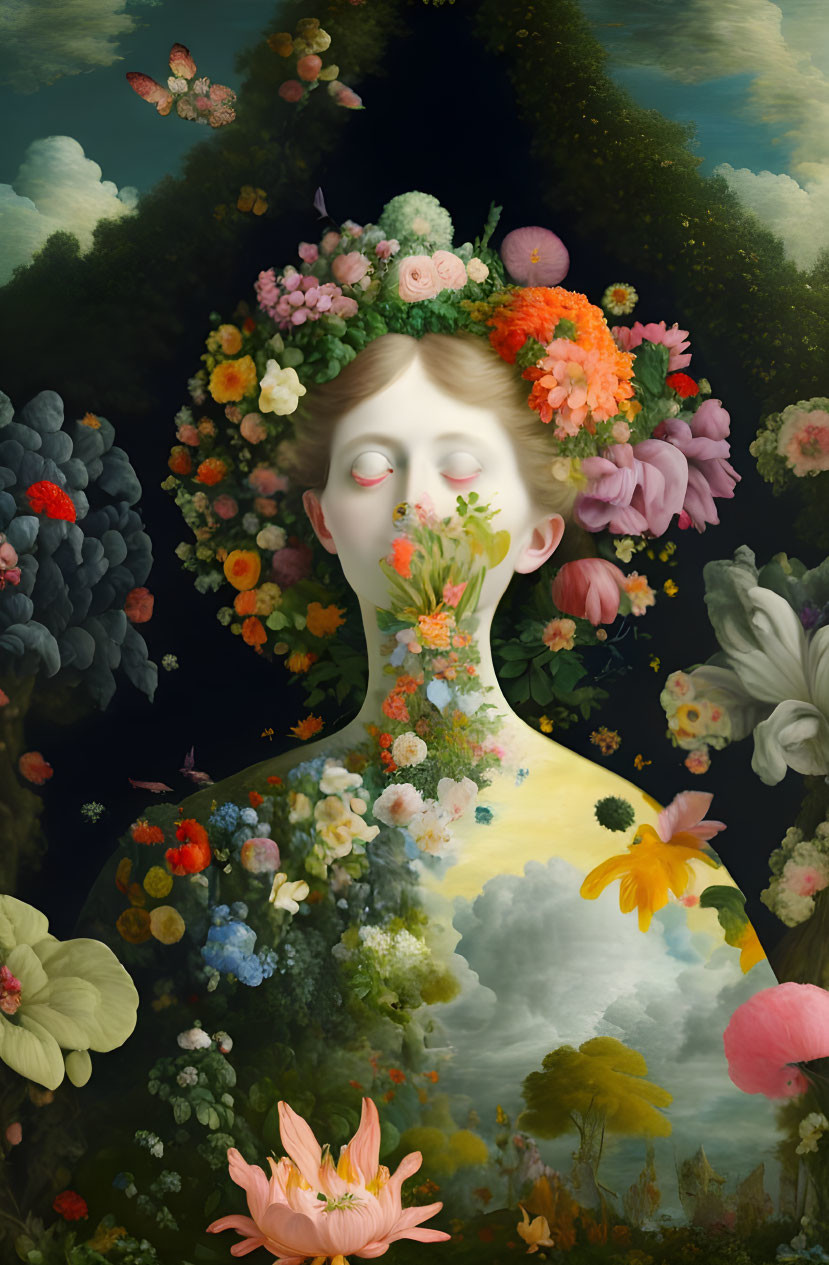 Surrealist portrait of person with floral head in vibrant garden