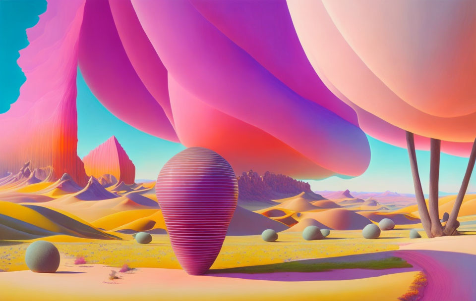 Vibrant pastel-colored surreal landscape with swirling trees and spheres