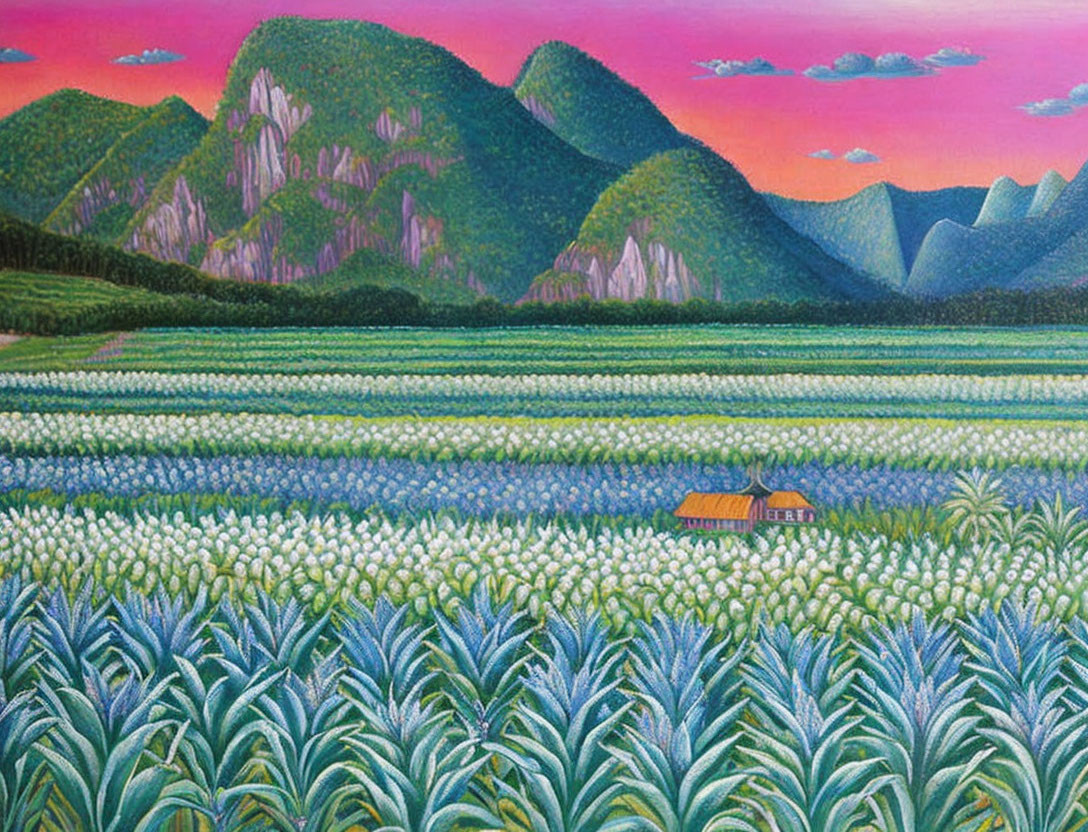 Scenic painting: Green fields, crops, house, mountains, pink sky.