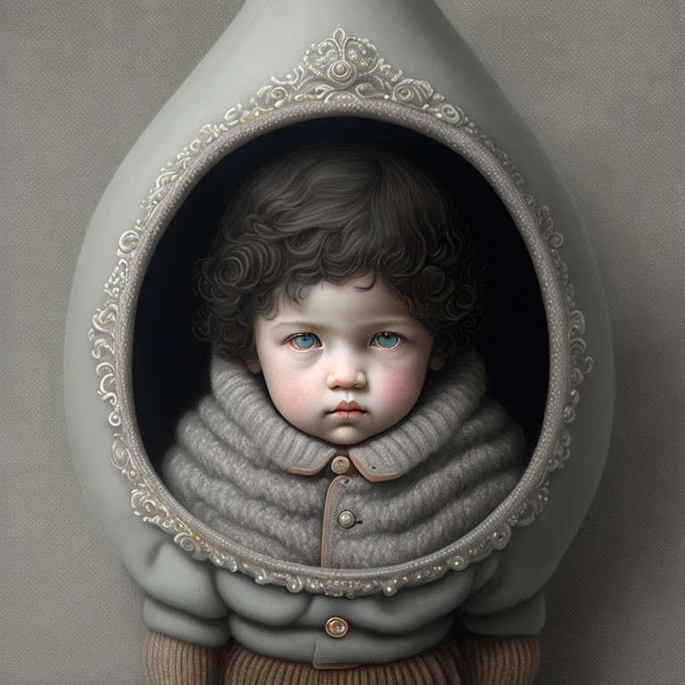 Portrait of solemn child with curly hair and blue eyes in ornate egg-shaped frame.