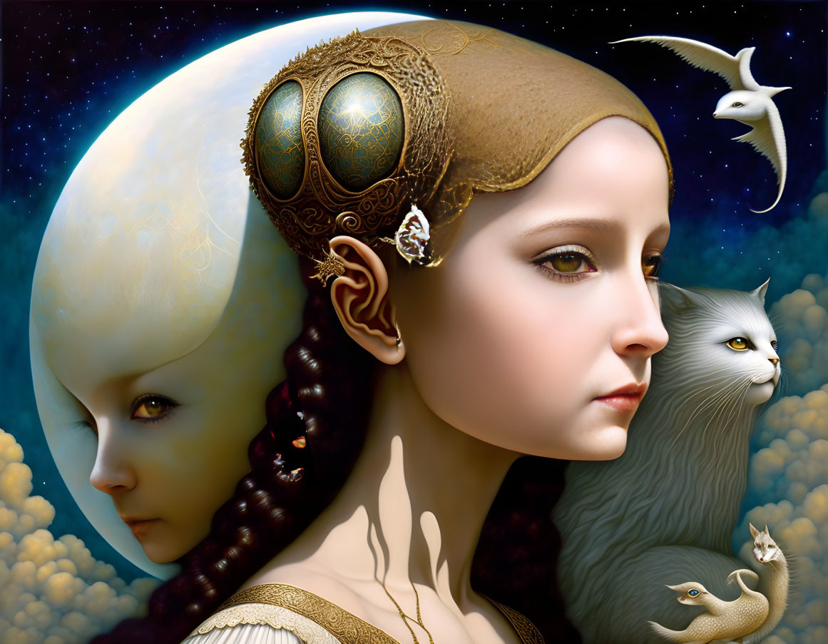 Fantasy illustration of woman with ornate headgear, cat, moon face, and flying bird