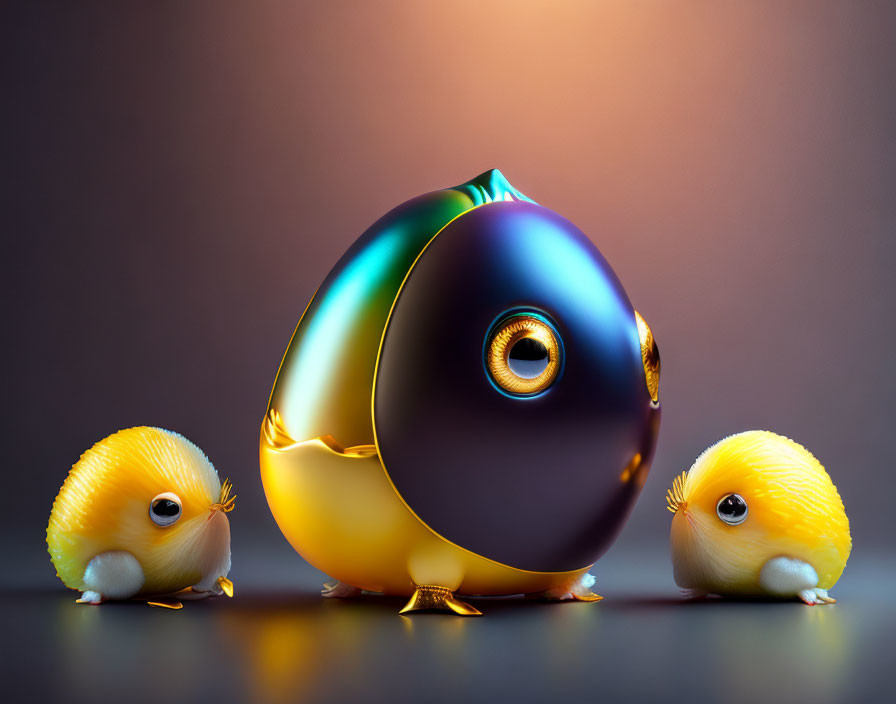 Small Yellow Creatures with Large Eyes and Ornate Egg-Like Object on Gradient Background