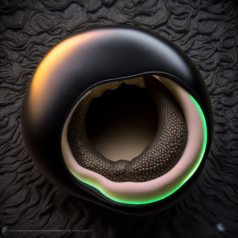 Glossy spherical object with neon-lit opening on textured background