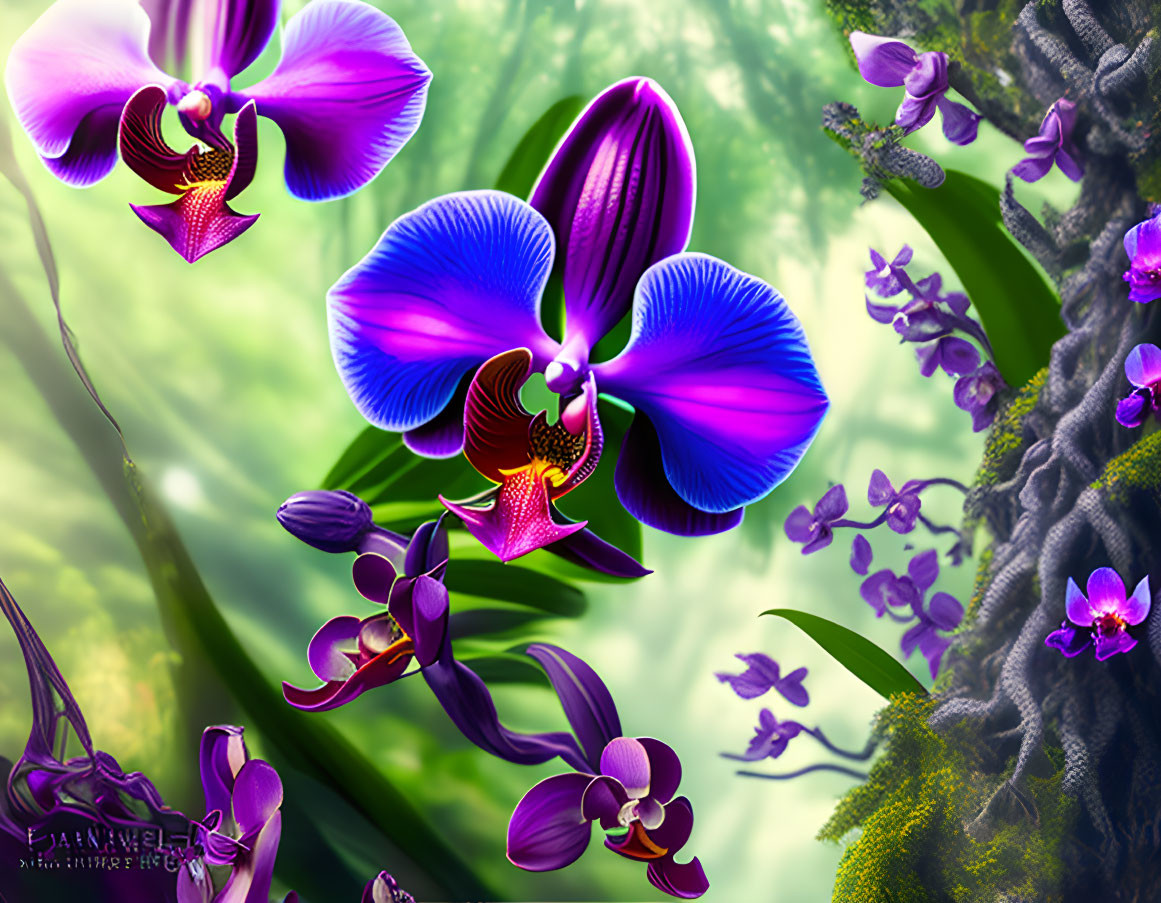 Vibrant purple and blue orchids on green foliage backdrop