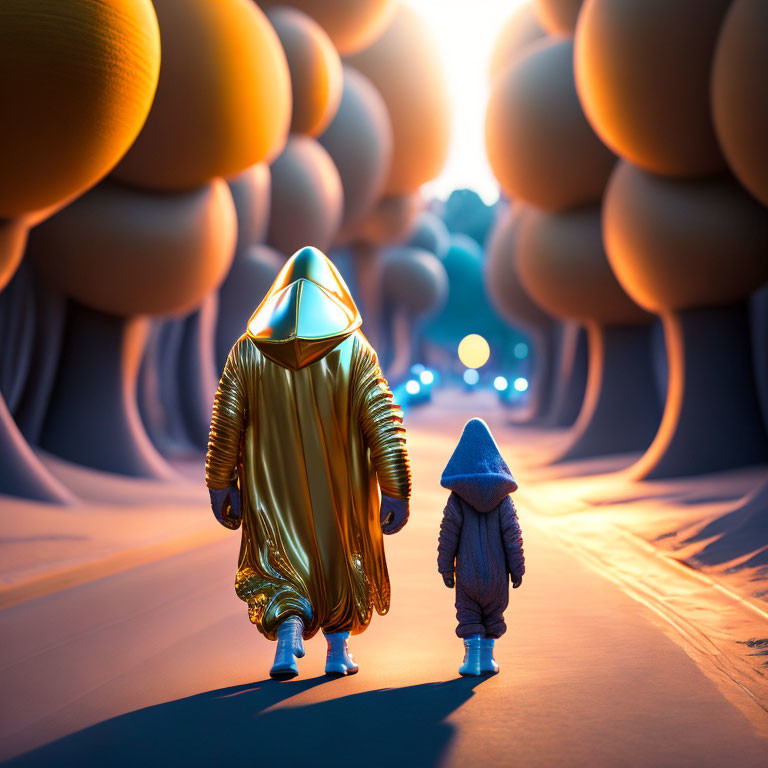 Futuristic figures in suits walking towards light in surreal corridor