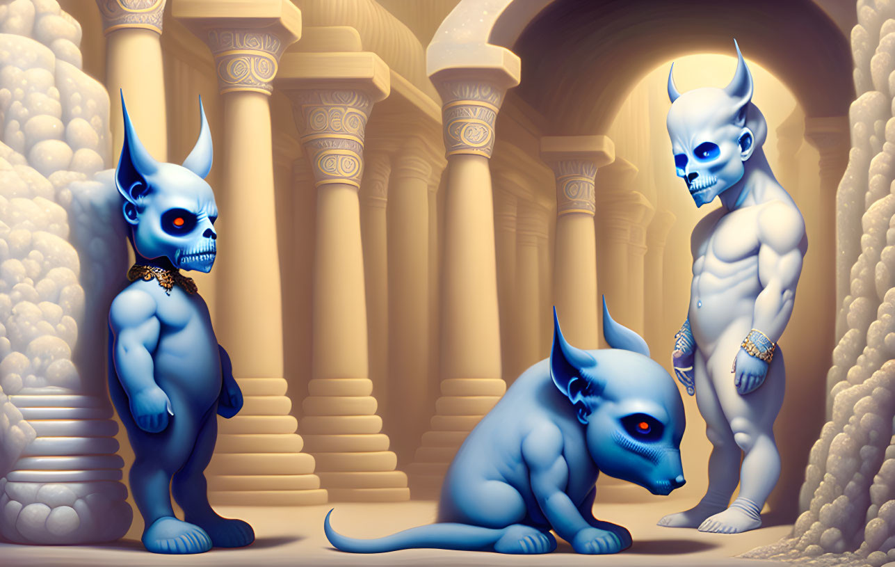 Three blue devilish creatures in ornate setting