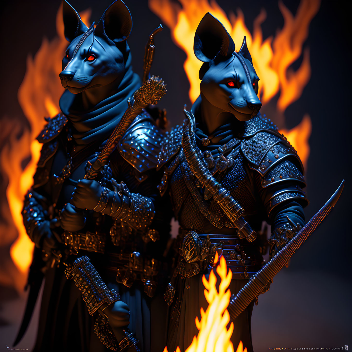 Anthropomorphic armored wolf warriors with swords in fiery backdrop