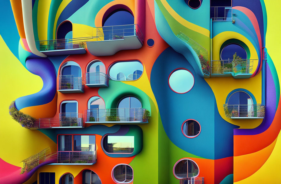 Colorful abstract building facade with vibrant swirls and organic shapes, windows, balconies, and plants