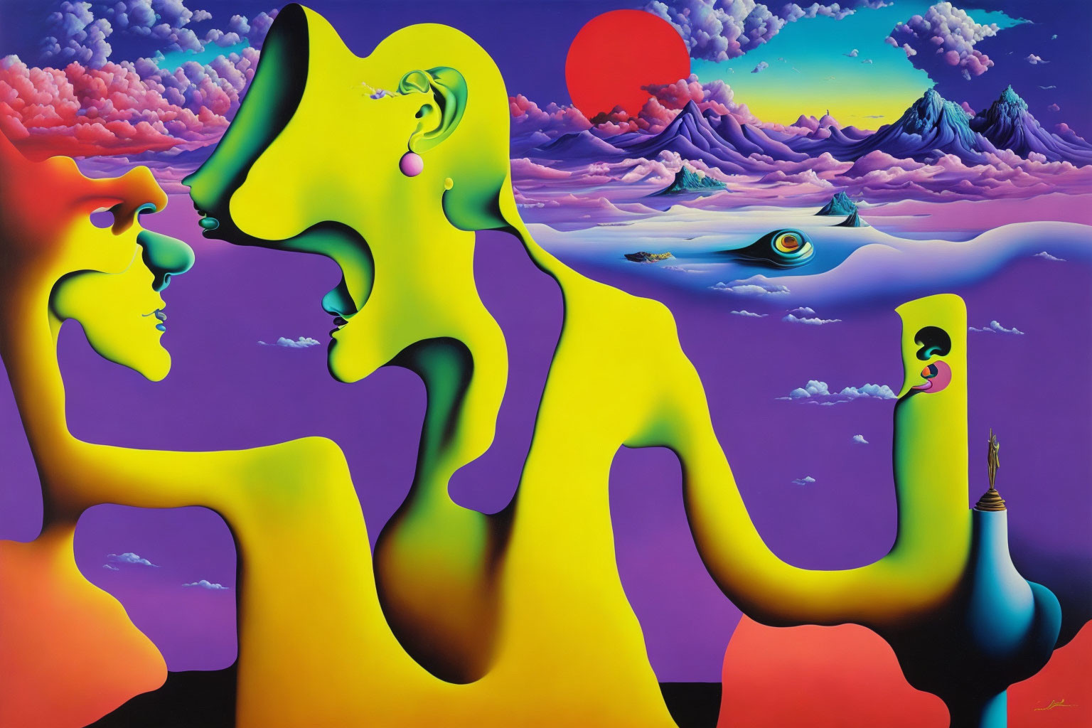 Colorful Surrealist Painting with Abstract Figures in Dreamlike Landscape