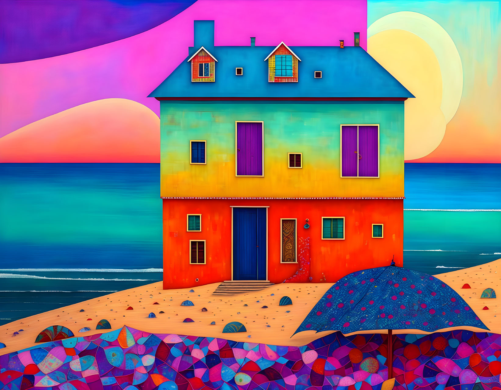 Vibrant surreal beach scene with colorful house and whimsical elements