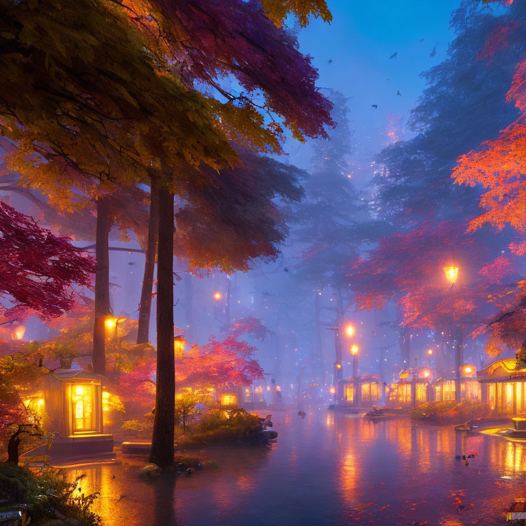 Tranquil dusk park with lanterns, misty waterway, autumn foliage, and birds