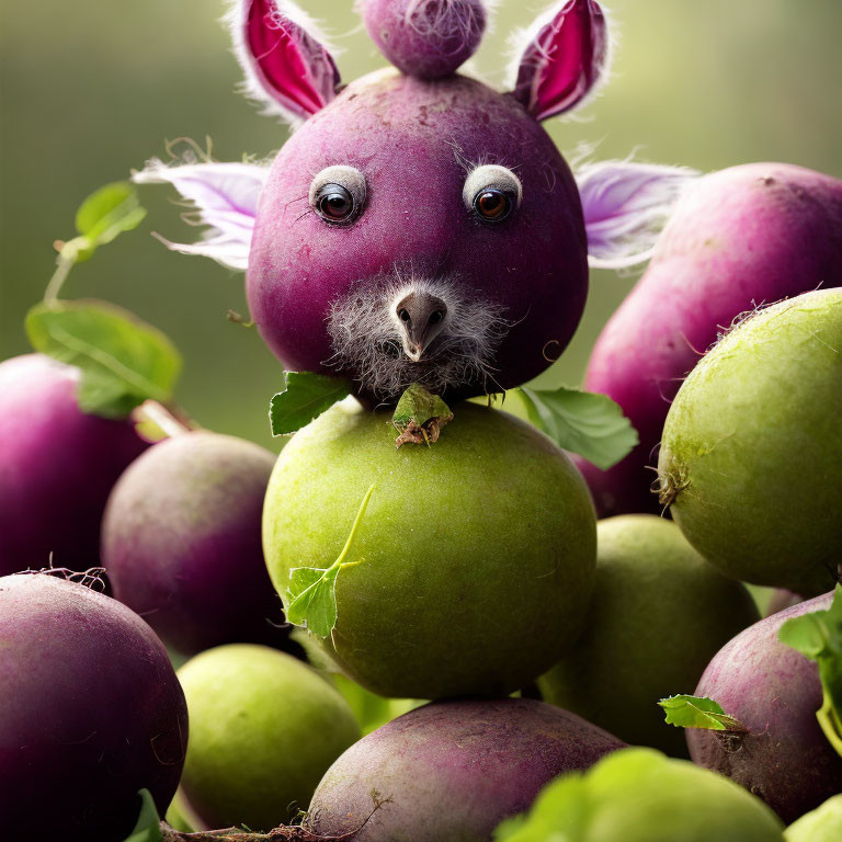 Whimsical creature with radish head among green and purple fruits