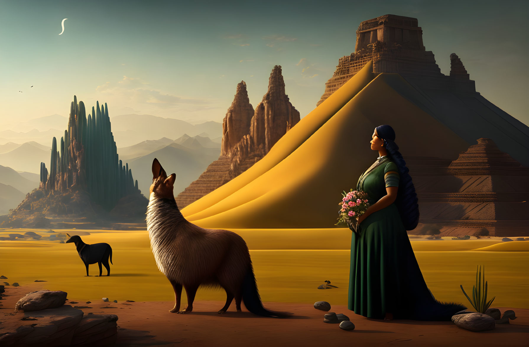 Woman with flowers and large fox in surreal desert landscape with pyramids and crescent moon