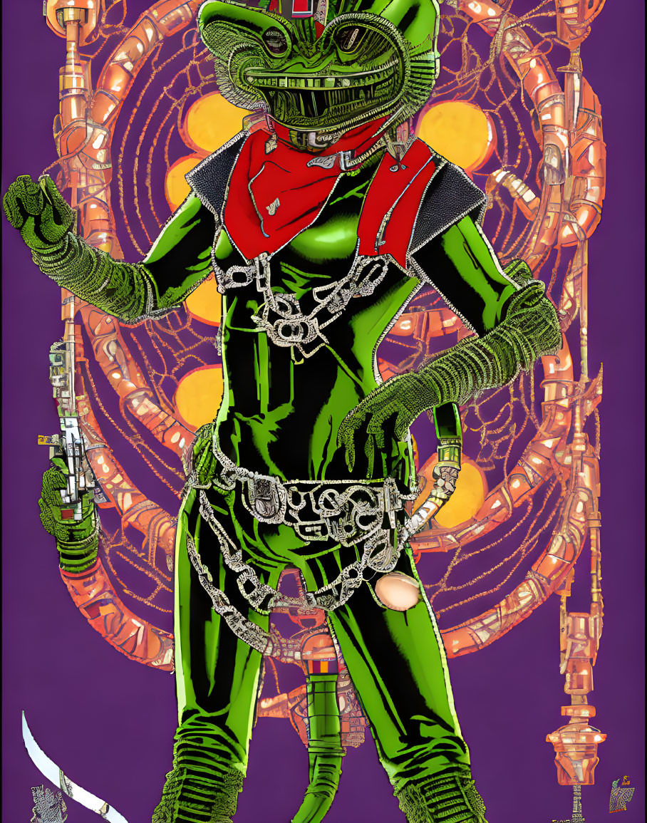 Reptilian-headed character in green suit with weapons on mechanical background