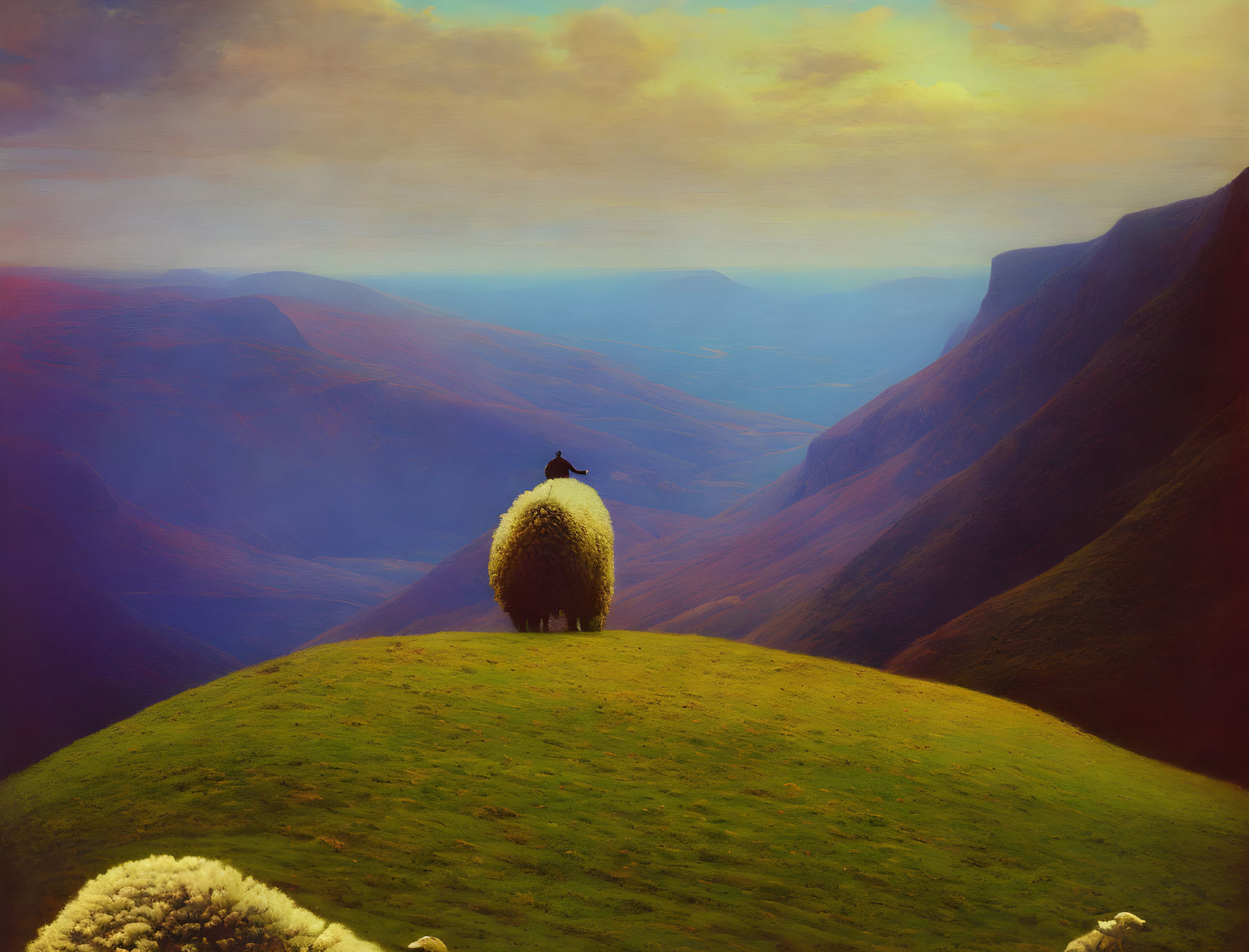 Surreal landscape with large sheep, bird, and rolling hills