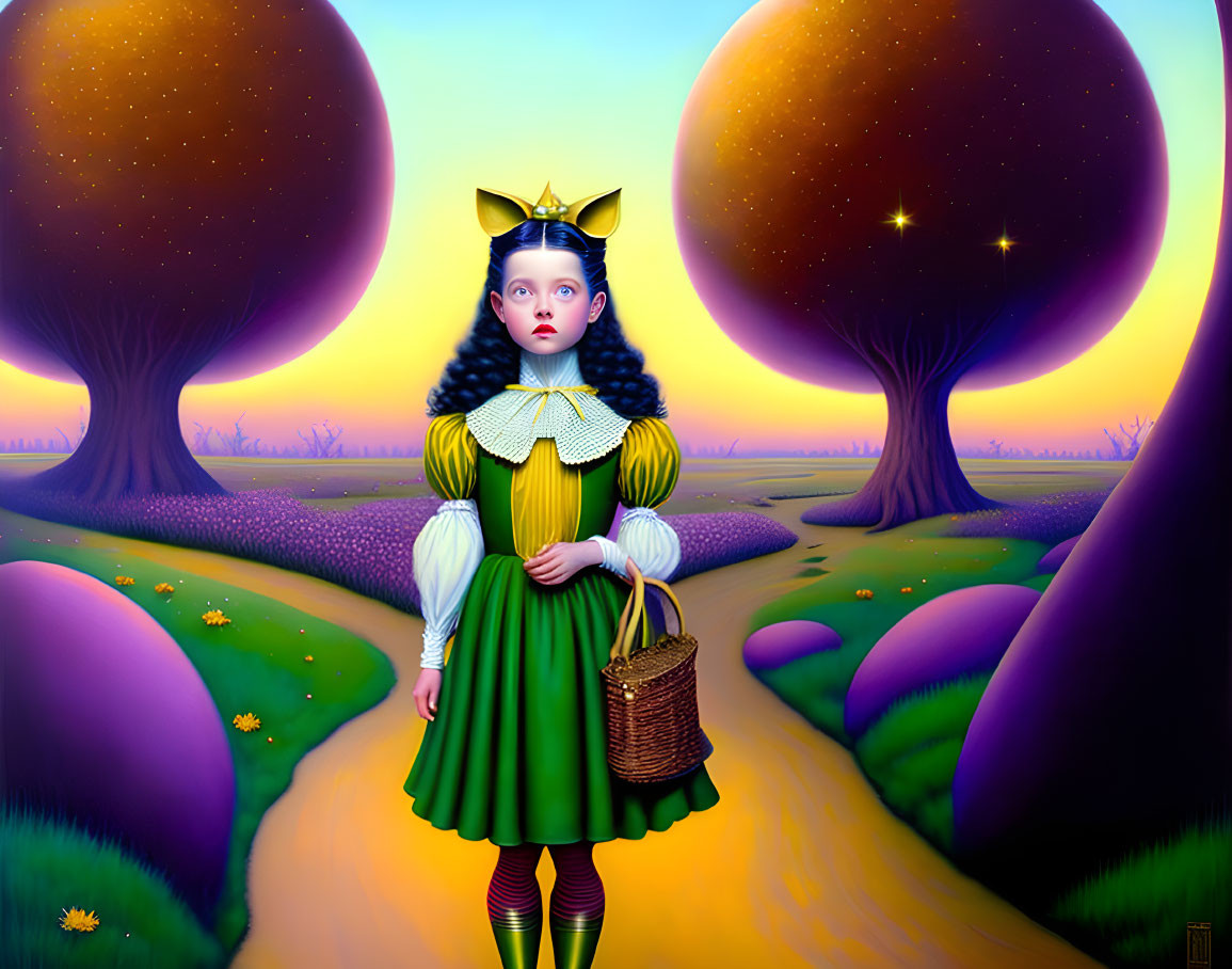 Illustration of girl in green dress with bow, holding basket, in surreal landscape