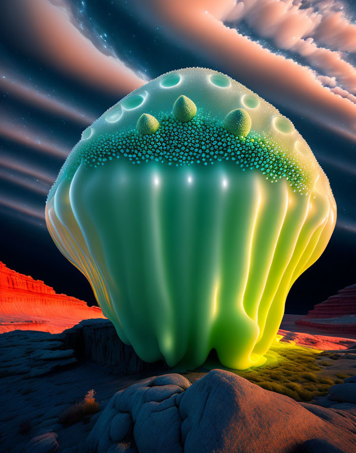 Glowing jellyfish-like structure in desert twilight