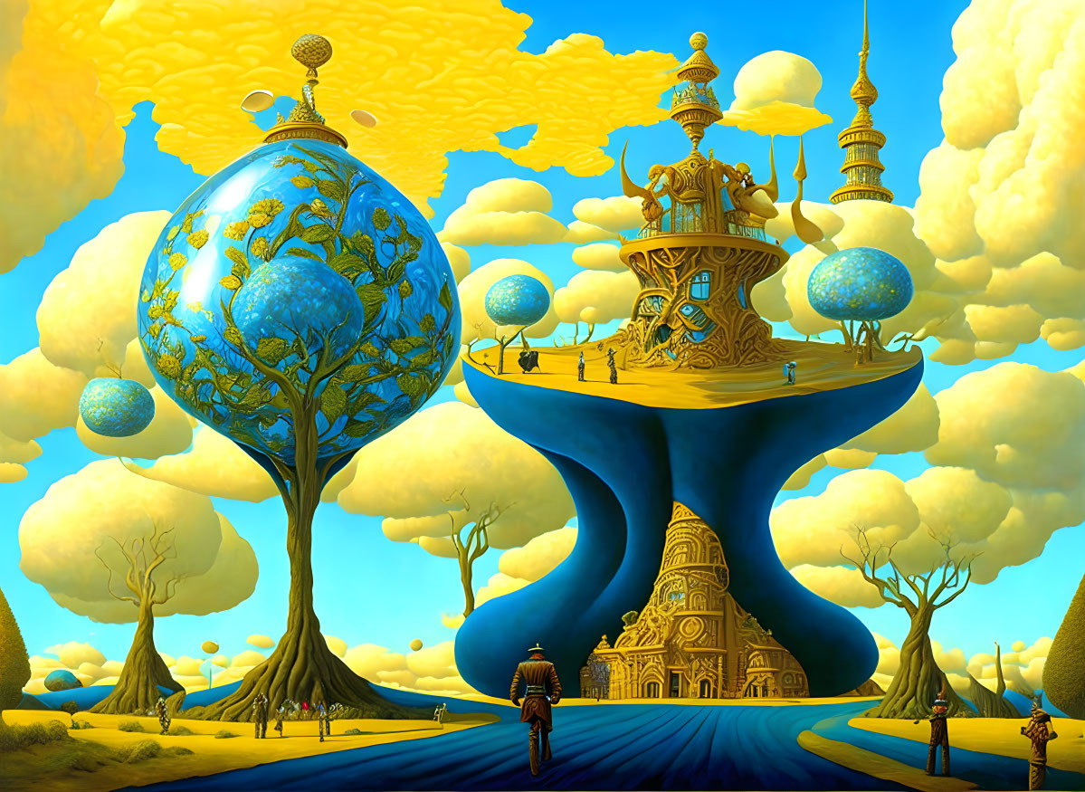 Surreal landscape with tree-like structure, floating orbs, and intricate buildings