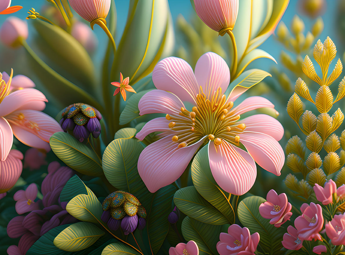 Detailed digital art: Pink flower in lush greenery