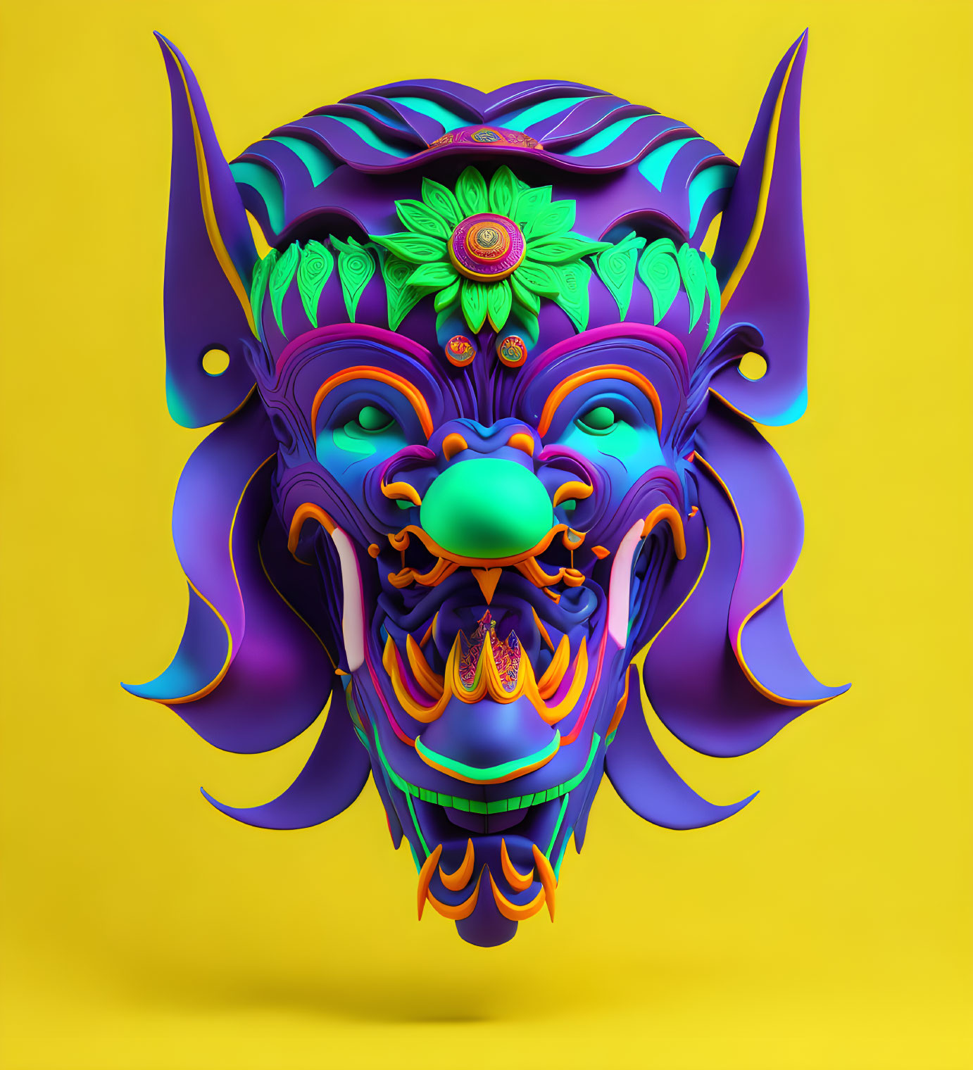 Colorful 3D-rendered mask with demon-like ears and whimsical expression on yellow background