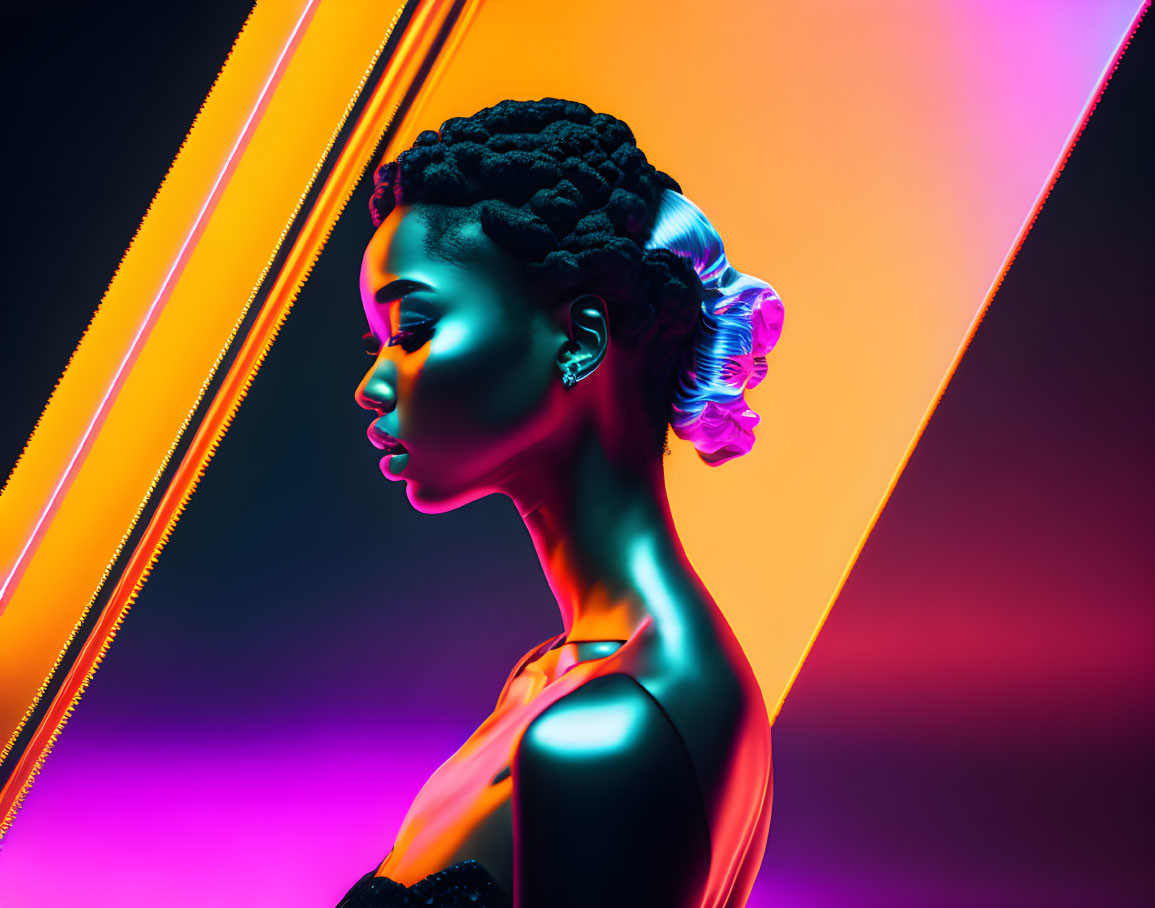 Profile of woman with elegant updo against vibrant neon background