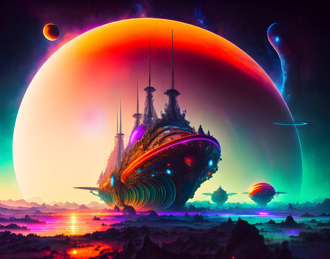 Colossal alien ships in vibrant sci-fi landscape