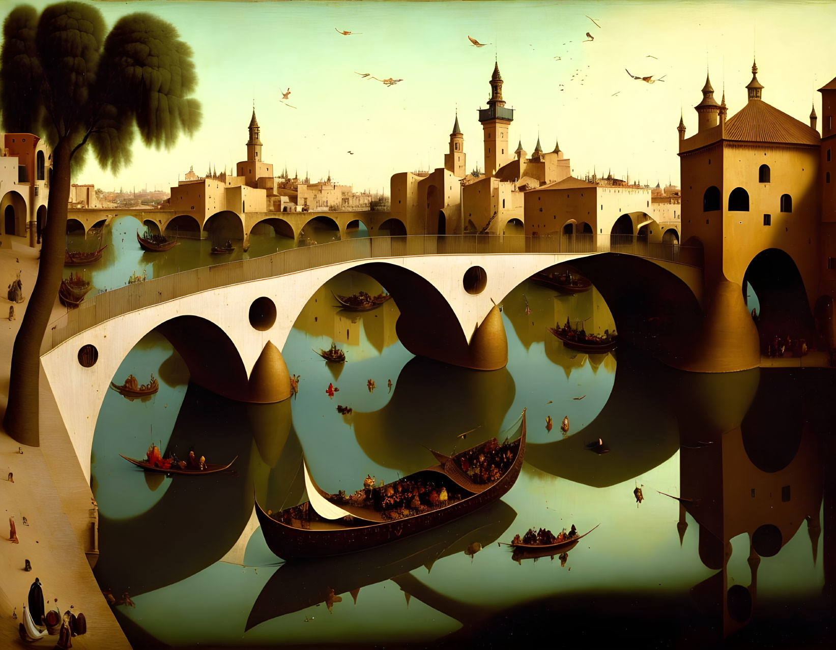 Panoramic surreal artwork: Distorted bridges, Renaissance architecture, small boats under dusky sky