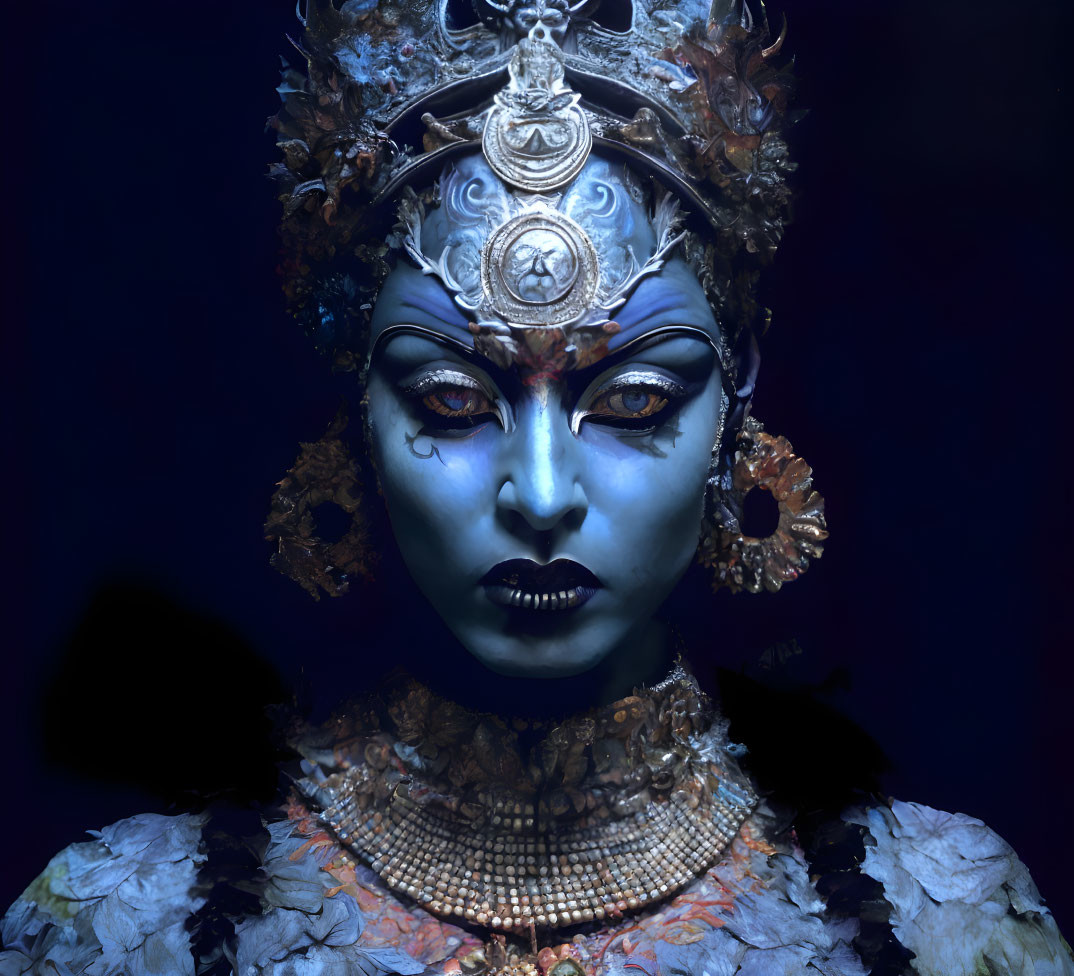 Elaborate metallic headwear and deity-like makeup in a dark setting