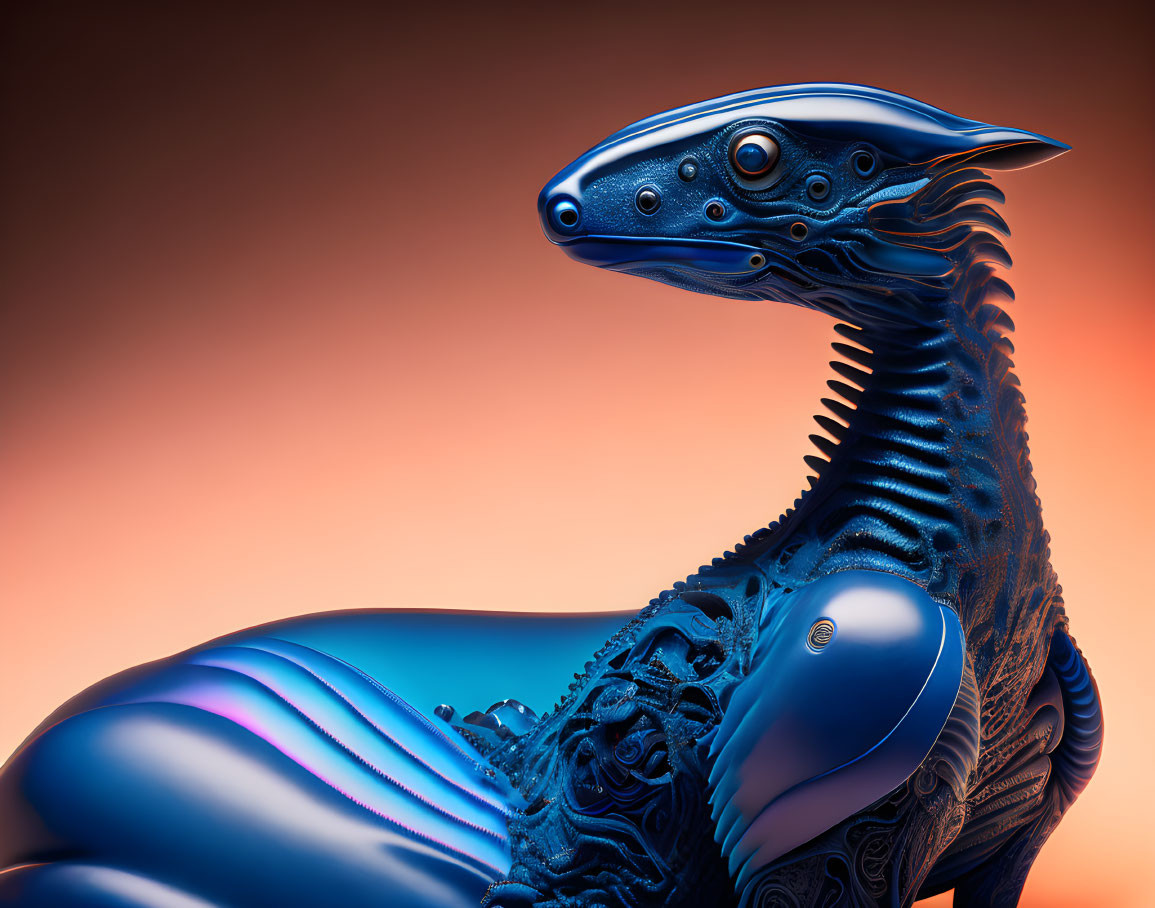 Blue mechanical dinosaur on orange gradient background