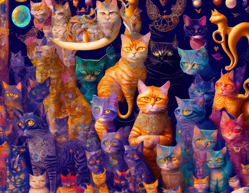 Colorful Whimsical Cat Illustrations Collage on Dark Background